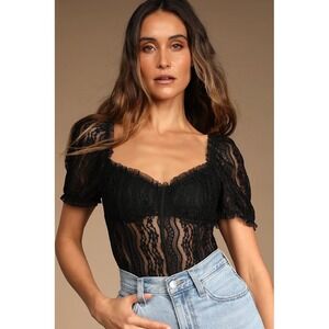 Lulus Womens Feeling Flirtatious Floral Lace Puff Sleeve Bustier Bodysuit Size M